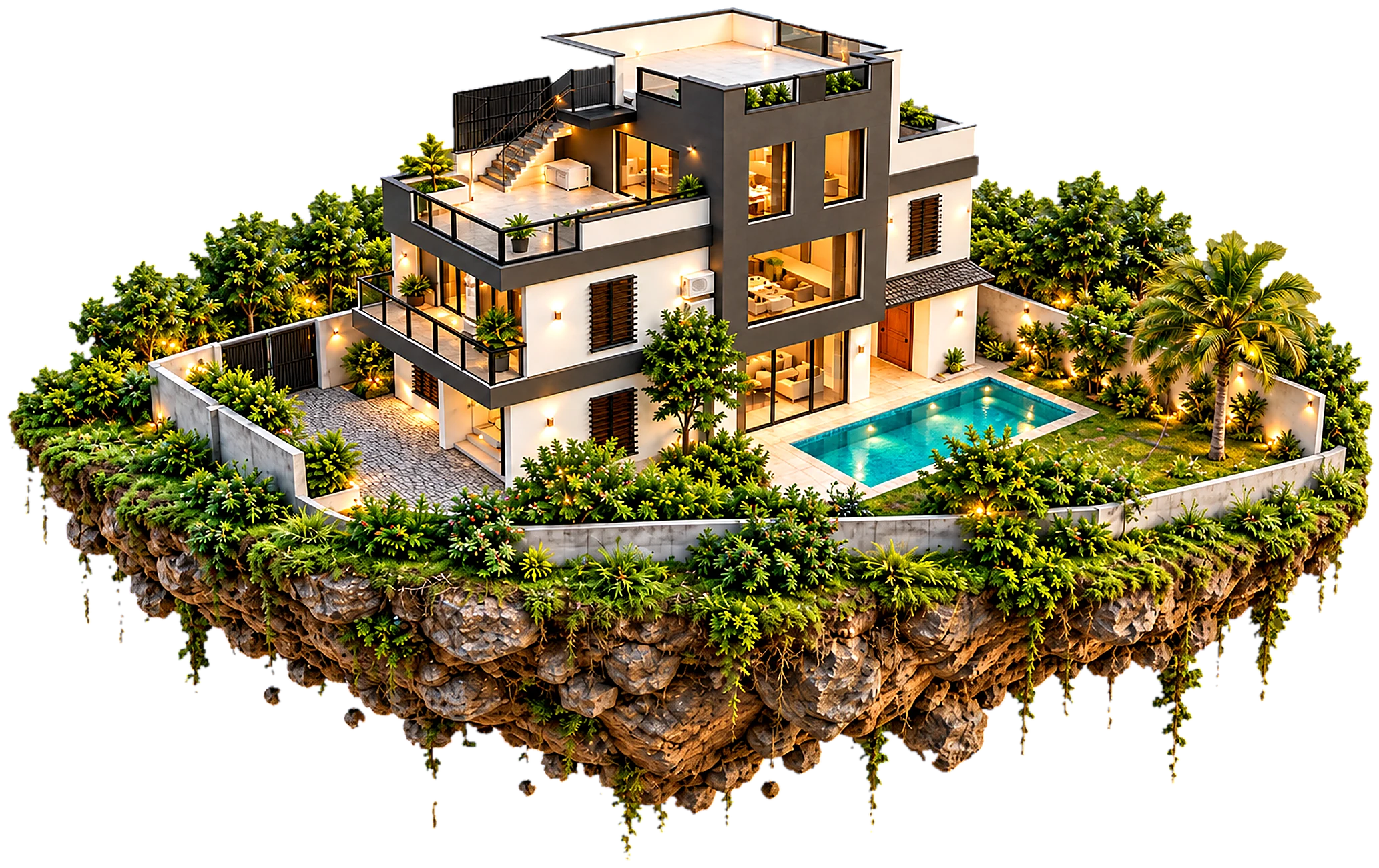 Hachirood Villa as a floating island: the three-storey house with its pool, garden and roof terrace on a chunk of earth with hanging roots, lights on at dusk